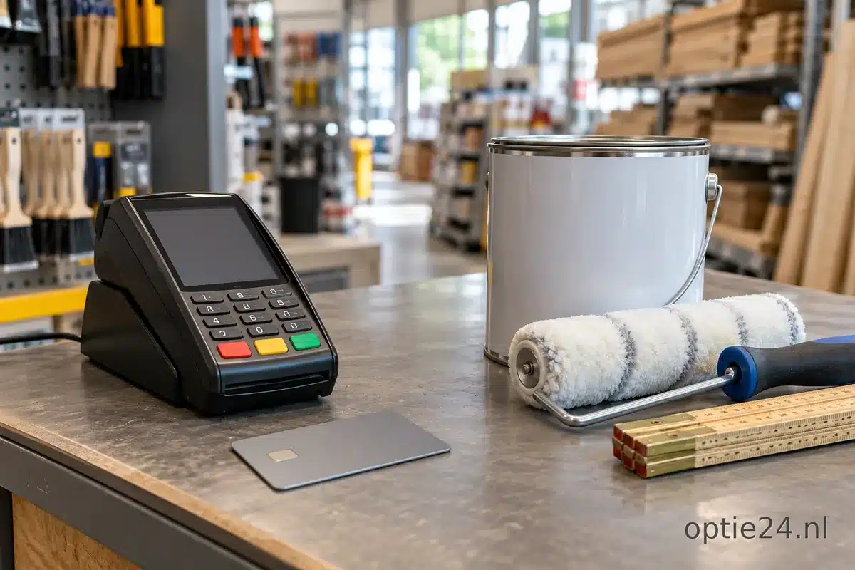 Betaalautomaat en creditcard op de toonbank van een bouwmarkt, naast een blik verf en een verfroller