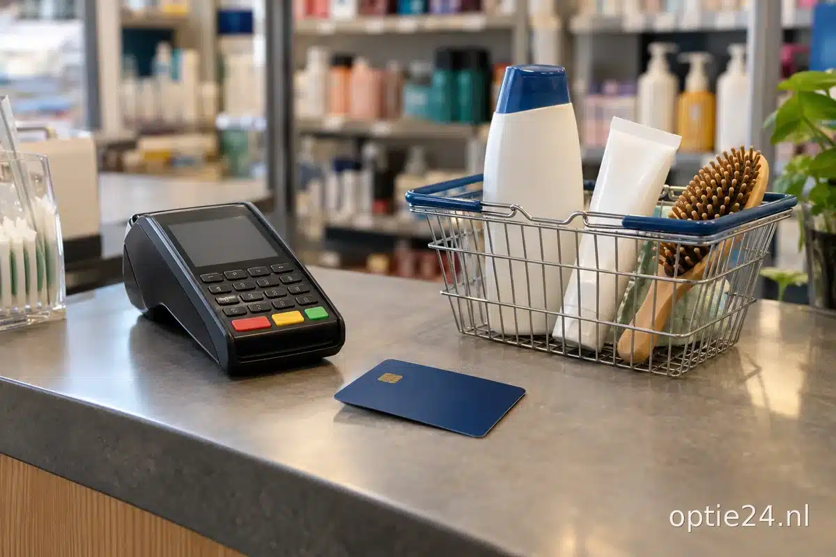 Betaalautomaat en creditcard op de toonbank van een drogisterij, naast een mandje met verzorgingsproducten