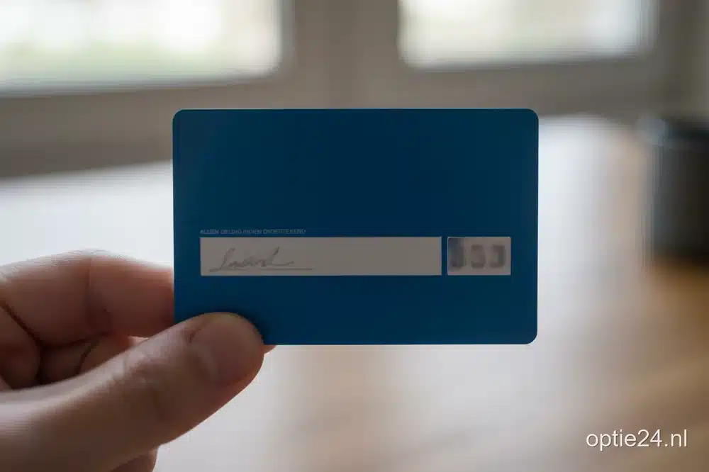 Achterkant van een blauwe betaalpas met handtekeningstrook en een onleesbaar codevak
