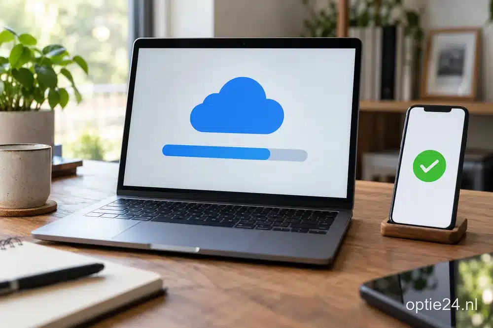 Laptop met cloudopslag en een telefoon met een vinkje na de betaling