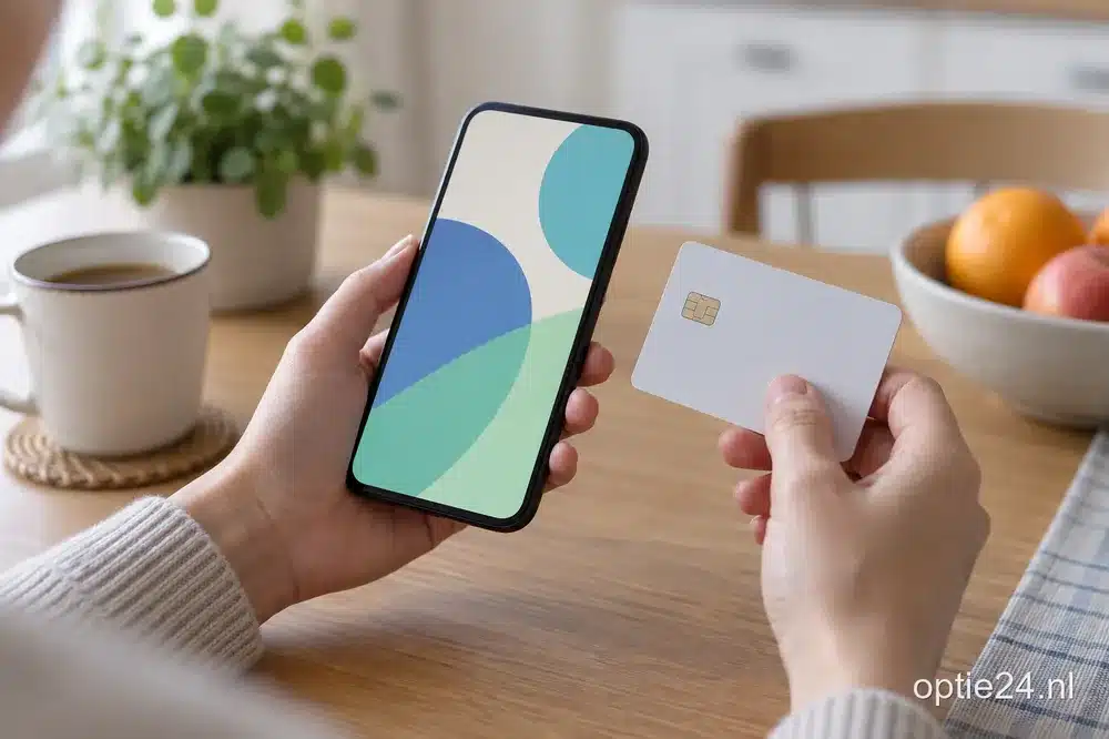 Handen met een smartphone en een betaalkaart aan de keukentafel