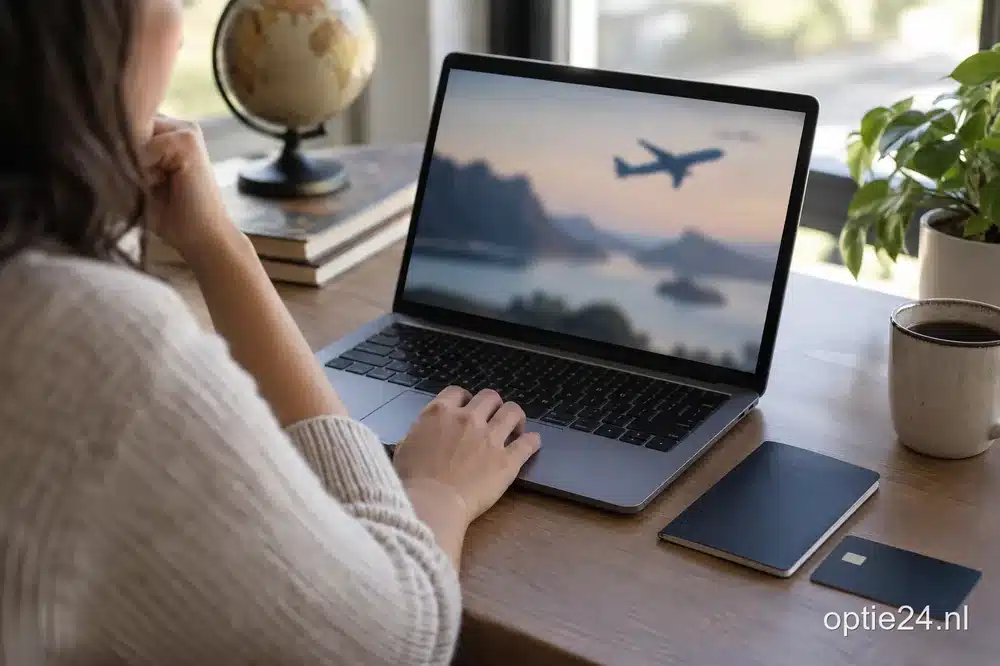 Iemand boekt een reis op een laptop met een betaalkaart ernaast